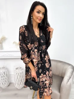 Czarna Sukienka z Motywem Roślinnym 11260-504 11260-504-Q|Modna Kiecka Best