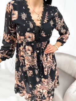 Czarna Sukienka z Motywem Roślinnym 11260-504 11260-504-Q|Modna Kiecka Best