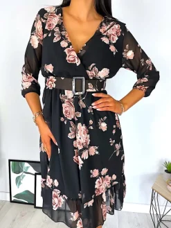 Czarna Sukienka z Motywem Kwiatowym 12495-285-Q|Modna Kiecka Discount