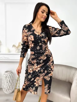 Czarna Sukienka z Motywem Roślinnym 11354-77-Q|Modna Kiecka Clearance