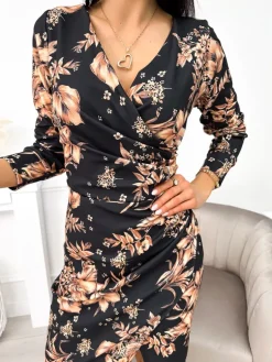 Czarna Sukienka z Motywem Roślinnym 11354-77-Q|Modna Kiecka Clearance