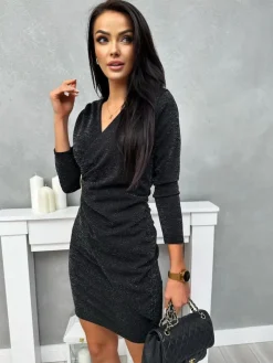 Czarna Sukienka z Ozdobą i Marszczeniem 13414-515-B|Modna Kiecka Outlet