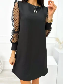 Czarna Sukienka z Ozdobnym Rękawem 11054-227-B|Modna Kiecka Outlet