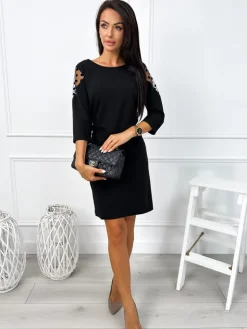 Czarna Sukienka z Ozdobnym Rękawem 12780-24-B|Modna Kiecka New