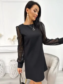 Czarna Sukienka z Ozdobnym Rękawem 11265-501-Q|Modna Kiecka Online