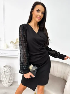 Czarna Sukienka z Ozdobnym Rękawem 11357-57-Q|Modna Kiecka New