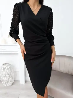 Czarna Sukienka z Ozdobnym Rękawem 11357-57-Q|Modna Kiecka New