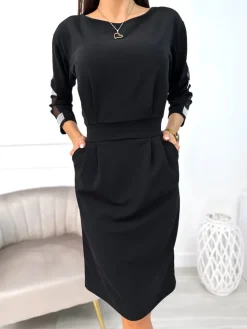 Czarna Sukienka z Ozdobnym Rękawem 11190-326-A|Modna Kiecka Online