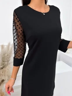 Czarna Sukienka z Ozdobnym Rękawem 10784-509-B|Modna Kiecka Outlet