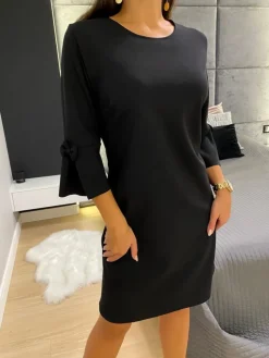 Czarna Sukienka z Ozdobnym Rękawkiem 11420-504-A|Modna Kiecka Best