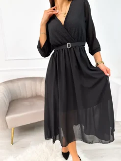 Czarna Sukienka z Paskiem 11143-406-A|Modna Kiecka Clearance