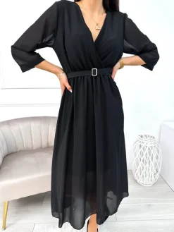 Czarna Sukienka z Paskiem 11143-406-A|Modna Kiecka Clearance