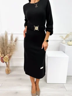Czarna Sukienka z Paskiem 11038-197-C|Modna Kiecka Discount
