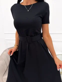 Czarna Sukienka z Paskiem 13662-78-F|Modna Kiecka Hot