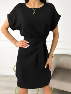 Czarna Sukienka z Paskiem 10004-129-D|Modna Kiecka Hot