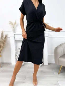Czarna Sukienka z Paskiem 11929-175-A|Modna Kiecka Discount