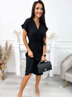 Czarna Sukienka z Paskiem 11929-175-A|Modna Kiecka Discount