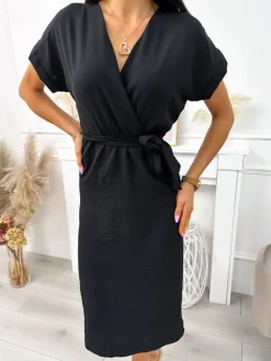 Czarna Sukienka z Paskiem 11929-175-A|Modna Kiecka Discount