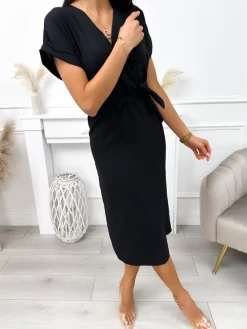 Czarna Sukienka z Paskiem 11929-175-A|Modna Kiecka Discount