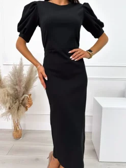 Czarna Sukienka z Rozporkiem 10660-150-Q|Modna Kiecka Fashion
