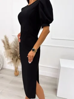 Czarna Sukienka z Rozporkiem 10660-150-Q|Modna Kiecka Fashion