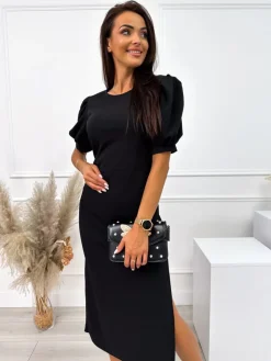 Czarna Sukienka z Rozporkiem 10660-150-Q|Modna Kiecka Fashion