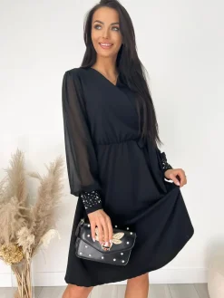 Czarna Sukienka z Wiązaniem 9201-216-A|Modna Kiecka Hot