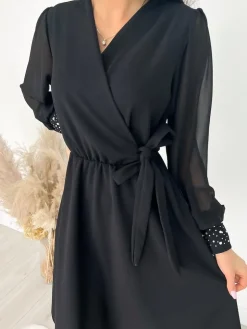 Czarna Sukienka z Wiązaniem 9201-216-A|Modna Kiecka Hot
