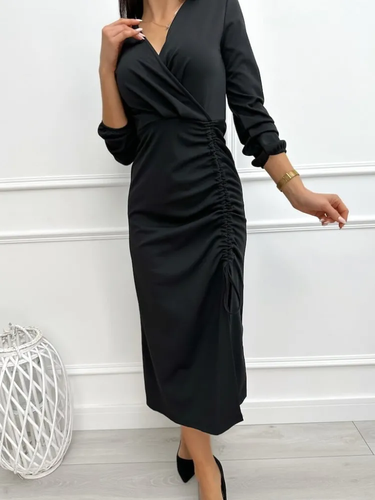 Czarna Sukienka ze Ściągaczem Midi 13356-91-B|Modna Kiecka Outlet