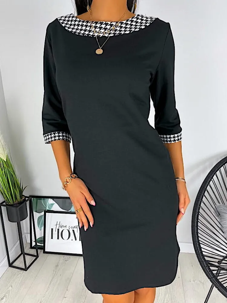 Czarna Sukienka ze Wstawkami w Pepitkę 11370-233-Q|Modna Kiecka Fashion