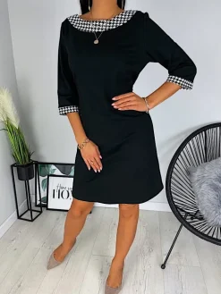 Czarna Sukienka ze Wstawkami w Pepitkę 11370-233-Q|Modna Kiecka Fashion