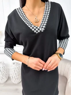 Czarna Sukienka ze Wstawkami w Pepitkę 11250-300-Q|Modna Kiecka Discount