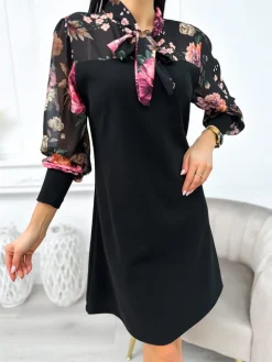 Czarna Sukienka ze Wstawką w Kwiaty 11248-110-Q|Modna Kiecka Hot