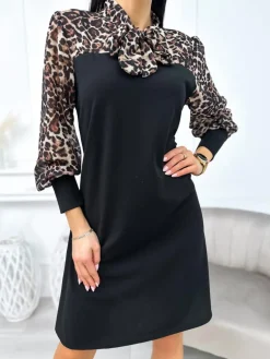 Czarna Sukienka ze Wstawką w Panterkę  11247-239-Q|Modna Kiecka Sale