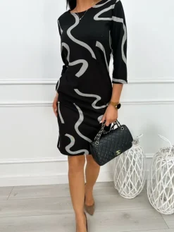 Czarna Sukienka ze Wzorem 13446-414-A|Modna Kiecka Hot