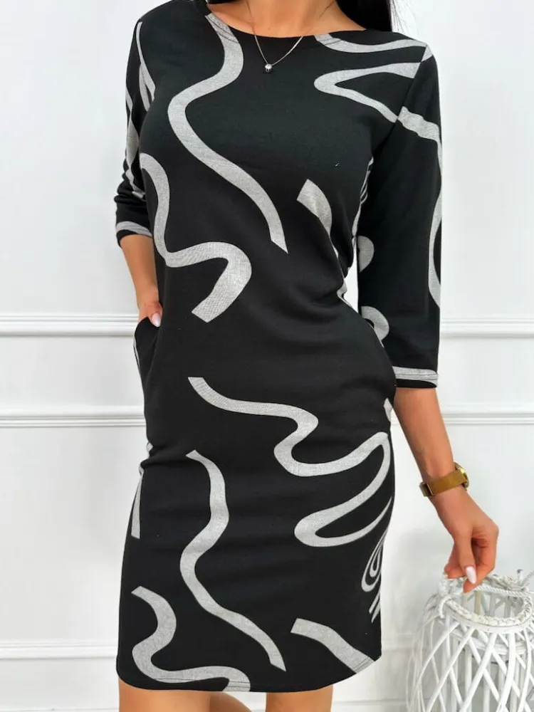 Czarna Sukienka ze Wzorem 13446-414-A|Modna Kiecka Hot