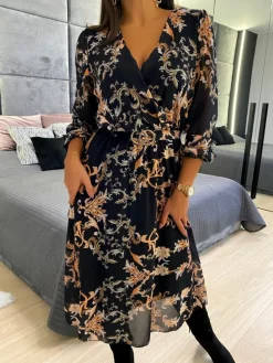 Czarna Sukienka ze Wzorem  12802-252-Q|Modna Kiecka Clearance