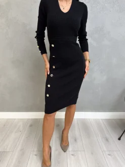 Czarna Sweterkowa Sukienka z Guzikami 13075-118-C|Modna Kiecka Fashion