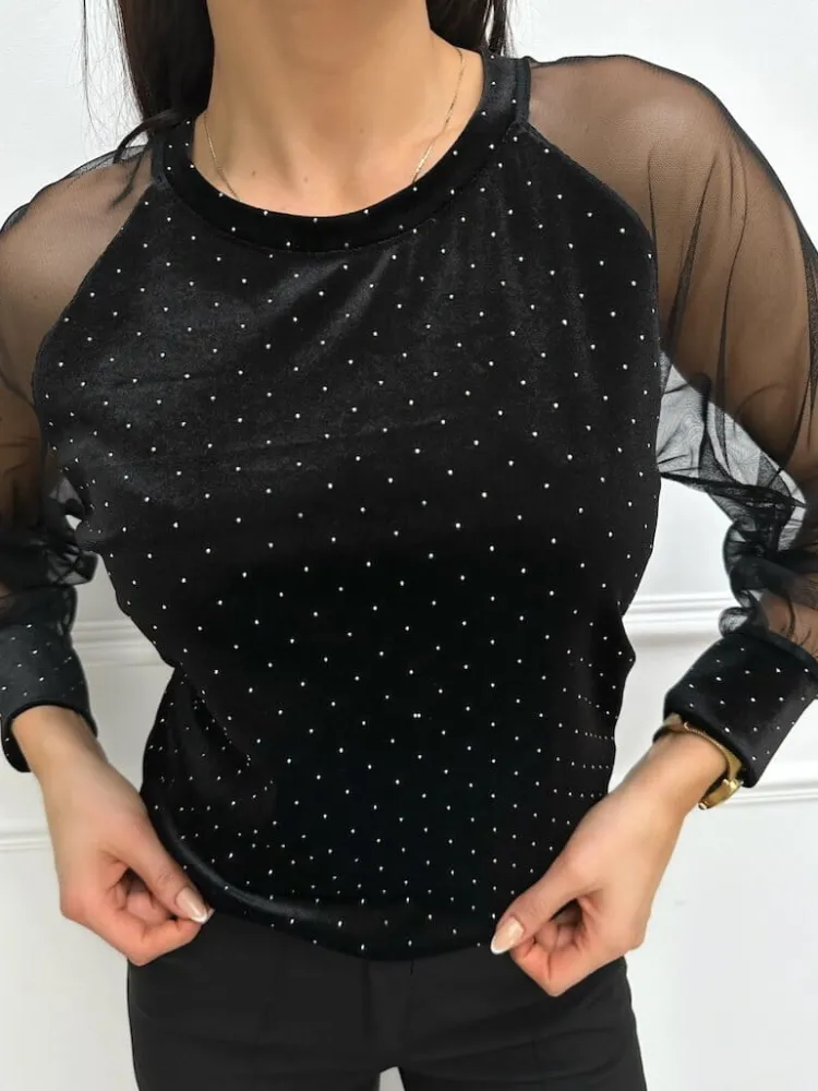 Czarna Welurowa Bluzka z Ozdobami 13384-146-B|Modna Kiecka Clearance