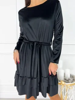 Czarna Welurowa Sukienka z Falbankami 9346-281-B|Modna Kiecka Best