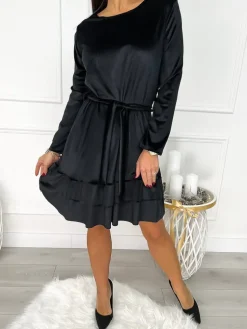 Czarna Welurowa Sukienka z Falbankami 9346-281-B|Modna Kiecka Best