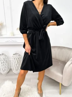 Czarna Welurowa Sukienka z Paskiem 11275-246-B|Modna Kiecka Discount