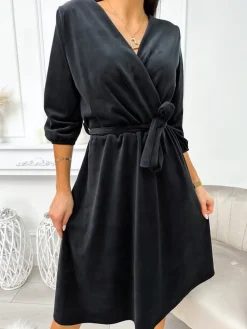 Czarna Welurowa Sukienka z  Paskiem 11275-246-B|Modna Kiecka Discount