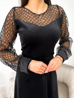 Czarna Welurowa Sukienka z Siateczką 11136-355-A|Modna Kiecka Hot