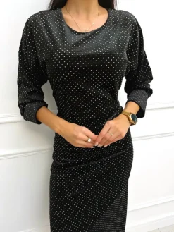 Czarna Welurowa Sukienka w Srebrne Kropki 13362-70-A|Modna Kiecka Online