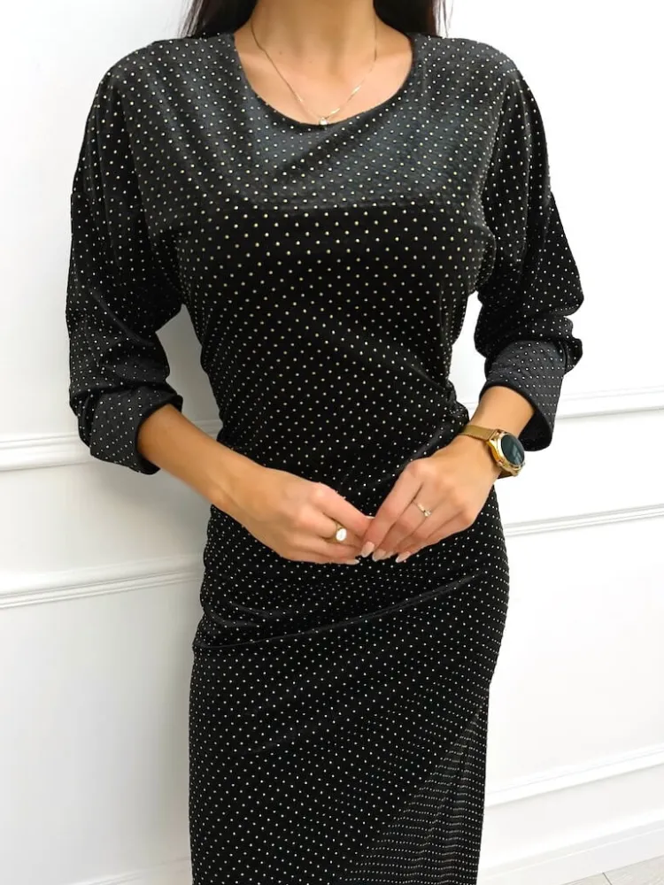 Czarna Welurowa Sukienka w Srebrne Kropki 13362-70-A|Modna Kiecka Online