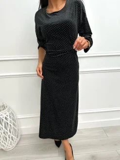 Czarna Welurowa Sukienka w Złote Kropki 13362-70-B|Modna Kiecka Clearance