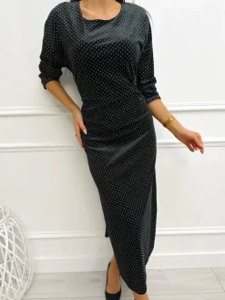 Czarna Welurowa Sukienka w Złote Kropki 13362-70-B|Modna Kiecka Clearance