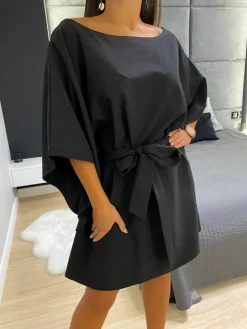 Czarna Wiązana Sukienka Nietoperz 11446-428-B|Modna Kiecka Fashion