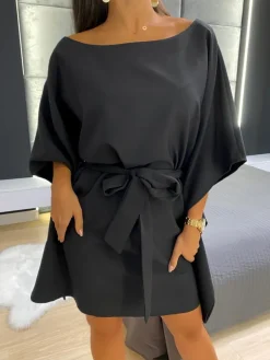 Czarna Wiązana Sukienka Nietoperz 11446-428-B|Modna Kiecka Fashion